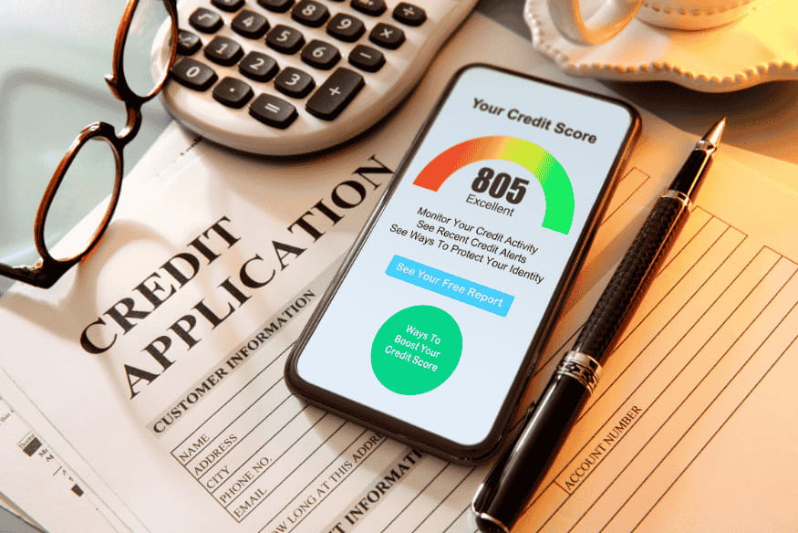 Smartphone displaying a credit score of 805 over a credit application form