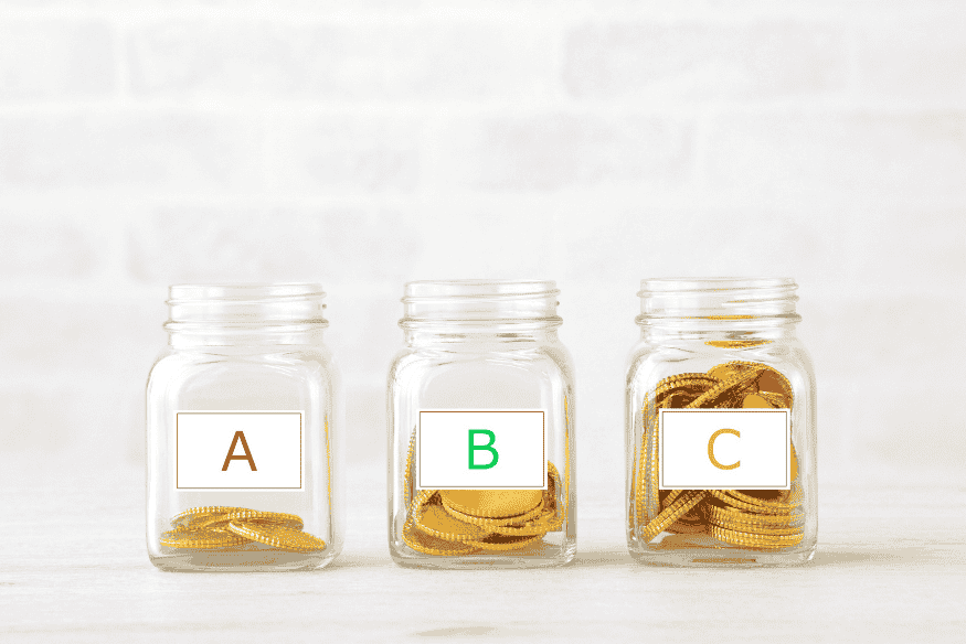 Three labeled jars with coins, representing basic asset allocation buckets for beginners and risk levels