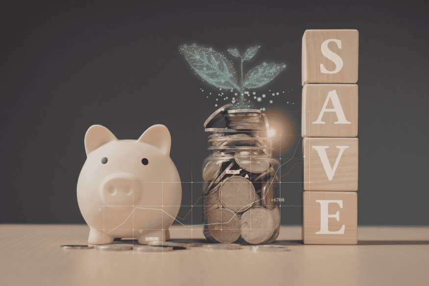 Piggy bank and jar of coins next to “SAVE” blocks, representing saving money by canceling unused subscriptions