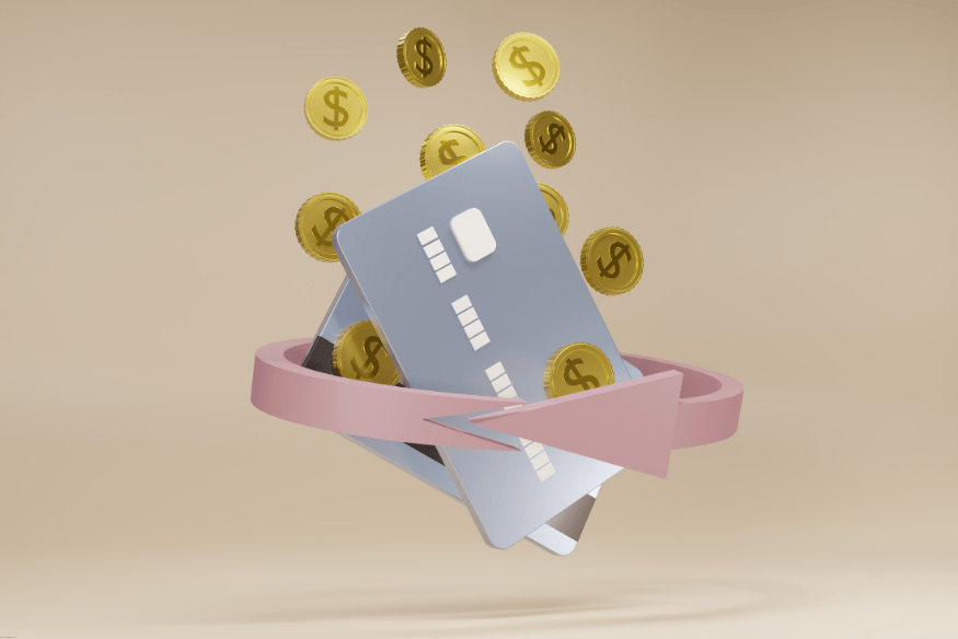 3D illustration of credit cards with coins and a rotating arrow, symbolizing cashback rewards