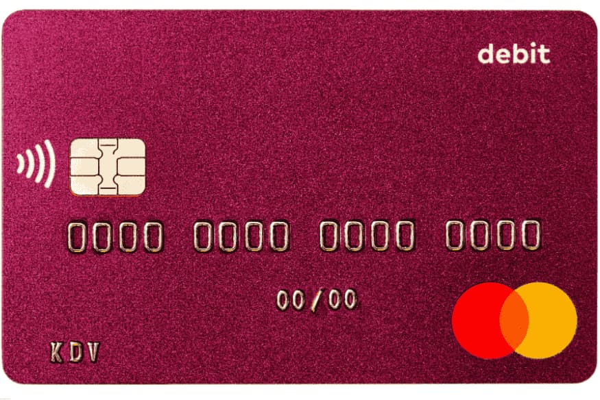 Red contactless debit card with chip and Mastercard logo