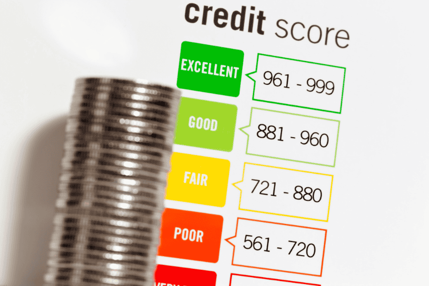 Stack of coins next to a credit score chart displaying rating ranges from poor to excellent.