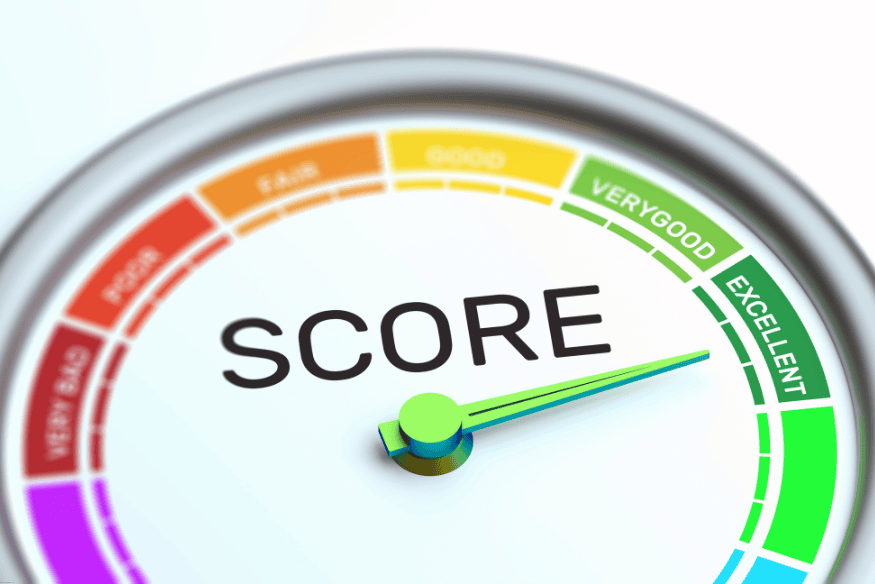 Credit score gauge with needle pointing to excellent range, showing top financial rating.